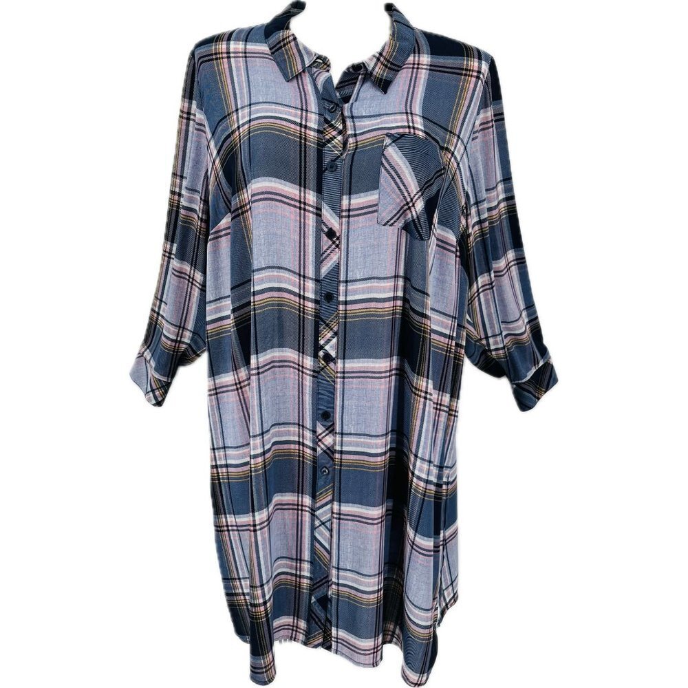 Catherines Tunic Dress Women's Size 2X Plaid Button Front Collared Midi Length